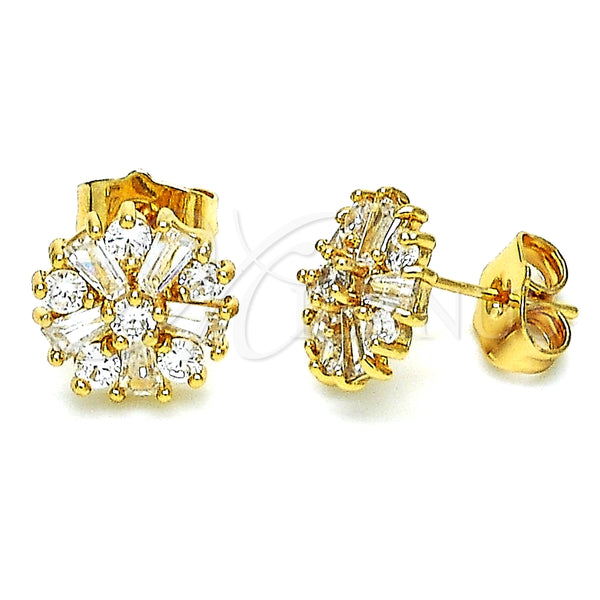 Arete Dormilona 02.387.0086 Oro Laminado, Diseño de Flor y Baguette, con Blanca Zirconia Cubica, Pulido, Tono Dorado