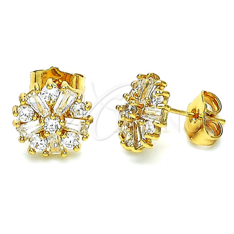 Arete Dormilona 02.387.0086 Oro Laminado, Diseño de Flor y Baguette, con Blanca Zirconia Cubica, Pulido, Tono Dorado