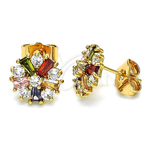 Arete Dormilona 02.387.0086.1 Oro Laminado, Diseño de Flor y Baguette, con Multicolor Zirconia Cubica, Pulido, Tono Dorado
