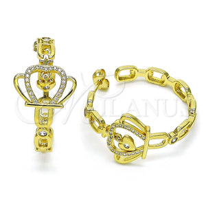 Arete Dormilona 02.341.0123 Oro Laminado, Diseño de Corona y Corazón, con Blanca Micro Pave and Blanca Zirconia Cubica, Pulido, Tono Dorado
