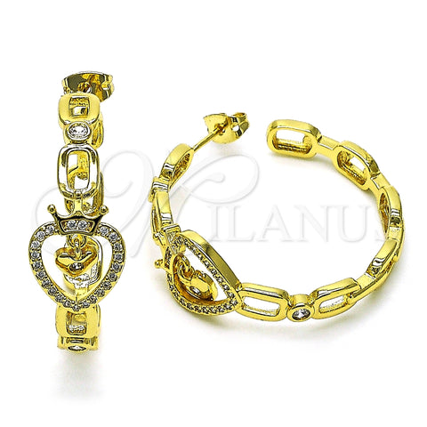 Arete Dormilona 02.341.0124 Oro Laminado, Diseño de Corazón y Corona, con Blanca Micro Pave and Blanca Zirconia Cubica, Pulido, Tono Dorado