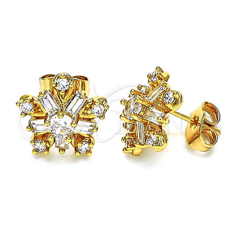 Arete Dormilona 02.387.0089 Oro Laminado, Diseño de Flor y Baguette, con Blanca Zirconia Cubica, Pulido, Tono Dorado
