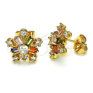 Arete Dormilona 02.387.0089.1 Oro Laminado, Diseño de Flor y Baguette, con Multicolor Zirconia Cubica, Pulido, Tono Dorado