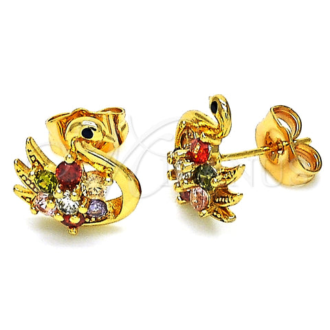 Arete Dormilona 02.387.0090.1 Oro Laminado, Diseño de Cisne y Flor, con Multicolor Zirconia Cubica, Pulido, Tono Dorado