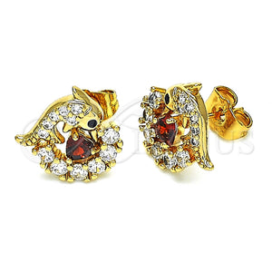 Arete Dormilona 02.387.0029.1 Oro Laminado, Diseño de Delfín y Corazón, con Granate and Blanca Zirconia Cubica, Pulido, Tono Dorado