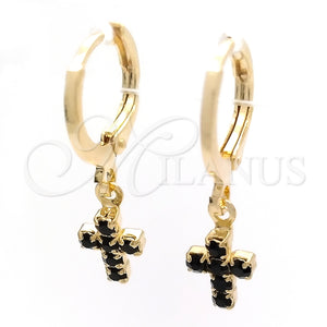 Argolla Huggie 02.02.0496.2.15 Oro Laminado, Diseño de Cruz, con Negro Zirconia Cubica, Pulido, Tono Dorado