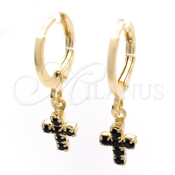Argolla Huggie 02.02.0496.2.15 Oro Laminado, Diseño de Cruz, con Negro Zirconia Cubica, Pulido, Tono Dorado