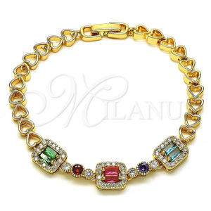 Pulsera Elegante 03.283.0216.07 Oro Laminado, Diseño de Corazón y Baguette, con Multicolor Zirconia Cubica, Pulido, Tono Dorado (06 MM Thickness, 7 Inches Length)