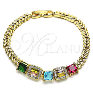 Pulsera Elegante 03.283.0217.07 Oro Laminado, Diseño de Oja y Baguette, con Multicolor Zirconia Cubica, Pulido, Tono Dorado (05 MM Thickness, 7 Inches Length)