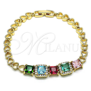 Pulsera Elegante 03.283.0219.07 Oro Laminado, Diseño de Corazón, con Multicolor Zirconia Cubica, Pulido, Tono Dorado (06 MM Thickness, 7 Inches Length)