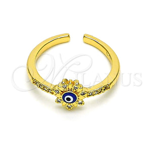 Anillo Multi Piedra 01.310.0016 Oro Laminado, Diseño de Ojo Griego y Flor, con Blanca Micro Pave, Esmaltado Azul, Tono Dorado (One size fits all)