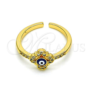 Anillo Multi Piedra 01.310.0017 Oro Laminado, Diseño de Ojo Griego y Flor, con Blanca Micro Pave, Esmaltado Azul, Tono Dorado (One size fits all)