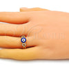 Anillo Multi Piedra 01.310.0034 Oro Laminado, Diseño de Ojo Griego y Corazón, con Blanca Micro Pave, Esmaltado Azul, Tono Dorado (One size fits all)