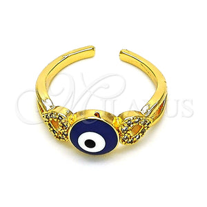 Anillo Multi Piedra 01.310.0034 Oro Laminado, Diseño de Ojo Griego y Corazón, con Blanca Micro Pave, Esmaltado Azul, Tono Dorado (One size fits all)