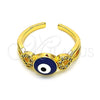 Anillo Multi Piedra 01.310.0034 Oro Laminado, Diseño de Ojo Griego y Corazón, con Blanca Micro Pave, Esmaltado Azul, Tono Dorado (One size fits all)