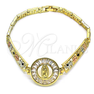 Pulsera Elegante 03.380.0102.1.07 Oro Laminado, Diseño de Guadalupe y Elefante, con Blanca and Negro Zirconia Cubica, Pulido, Tres Tonos (05 MM Thickness, 7 Inches Length)