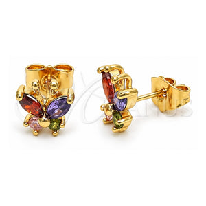 Arete Dormilona 02.387.0105 Oro Laminado, Diseño de Mariposa, con Zirconia Cubica Multicolor, Pulido, Tono Dorado