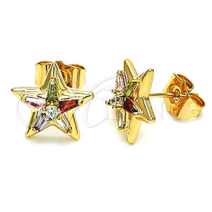 Arete Dormilona 02.387.0106 Oro Laminado, Diseño de Estrella y Baguette, con Multicolor Zirconia Cubica, Pulido, Tono Dorado