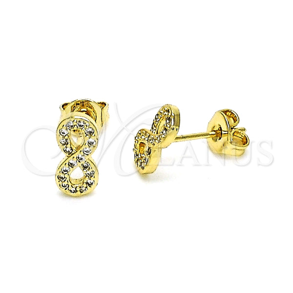 Arete Dormilona 02.102.0064 Oro Laminado, Diseño de Infinito, con Blanca Micro Pave, Pulido, Tono Dorado