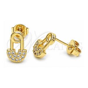 Arete Dormilona 02.102.0066 Oro Laminado, Diseño de Paperclip, con Micro Pave Blanca, Pulido, Tono Dorado
