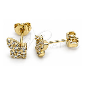 Arete Dormilona 02.102.0067 Oro Laminado, Diseño de Mariposa, con Micro Pave Blanca, Pulido, Tono Dorado