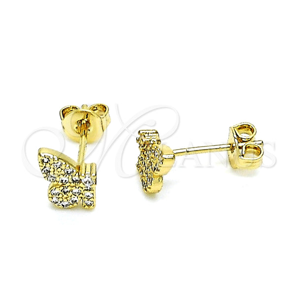 Arete Dormilona 02.102.0067 Oro Laminado, Diseño de Mariposa, con Blanca Micro Pave, Pulido, Tono Dorado