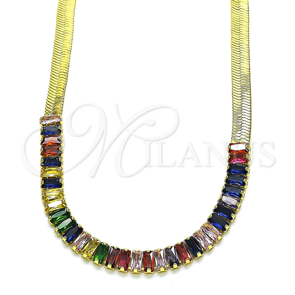 Gargantilla Elegante 04.341.0097.3.16 Oro Laminado, Diseño de Baguette, con Multicolor Zirconia Cubica, Pulido, Tono Dorado (05 MM Thickness, 16 Inches Length)