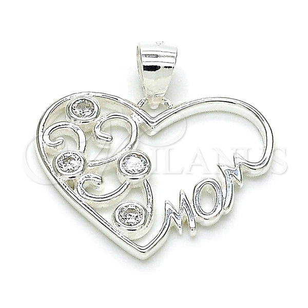 Dije Elegante 05.398.0016 Plata Rodinada, Diseño de Corazón y Mama, con Zirconia Cubica Blanca, Pulido, Crudo