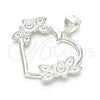 Dije Elegante 05.398.0017 Plata Rodinada, Diseño de Corazón y Flor, Pulido, Crudo