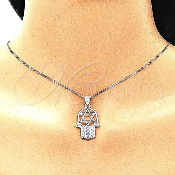 Dije Religioso 05.398.0021 Plata Rodinada, Diseño de Mano de Dios y Estrella de Davi, con Zirconia Cubica Blanca, Pulido, Crudo