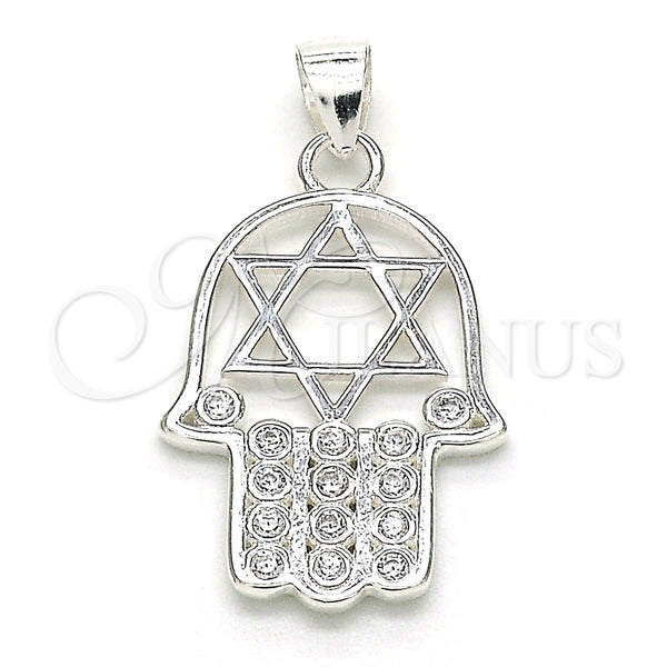 Dije Religioso 05.398.0021 Plata Rodinada, Diseño de Mano de Dios y Estrella de Davi, con Zirconia Cubica Blanca, Pulido, Crudo