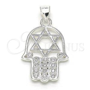 Dije Religioso 05.398.0021 Plata Rodinada, Diseño de Mano de Dios y Estrella de Davi, con Zirconia Cubica Blanca, Pulido, Crudo