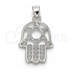 Dije Religioso 05.398.0021 Plata Rodinada, Diseño de Judaica y Mano de Dios, con Zirconia Cubica Blanca, Pulido, Crudo