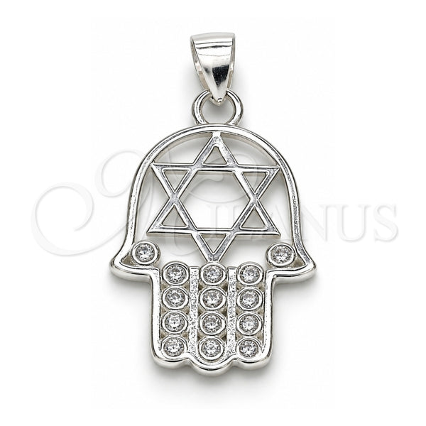 Dije Religioso 05.398.0021 Plata Rodinada, Diseño de Judaica y Mano de Dios, con Zirconia Cubica Blanca, Pulido, Crudo