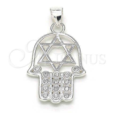 Dije Religioso 05.398.0021 Plata Rodinada, Diseño de Mano de Dios y Estrella de Davi, con Zirconia Cubica Blanca, Pulido, Crudo