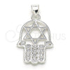 Dije Religioso 05.398.0021 Plata Rodinada, Diseño de Mano de Dios y Estrella de Davi, con Zirconia Cubica Blanca, Pulido, Crudo