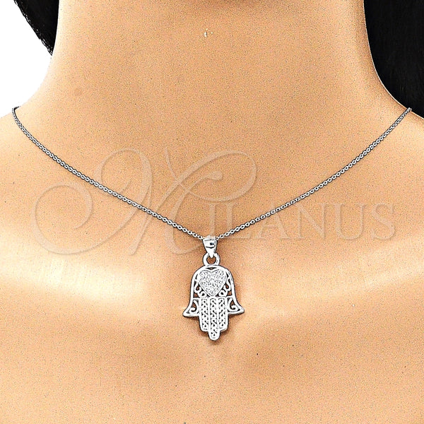 Dije Religioso 05.398.0022 Plata Rodinada, Diseño de Mano de Dios y Corazón, con Micro Pave Blanca, Pulido, Crudo