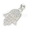 Dije Religioso 05.398.0022 Plata Rodinada, Diseño de Mano de Dios y Corazón, con Micro Pave Blanca, Pulido, Crudo