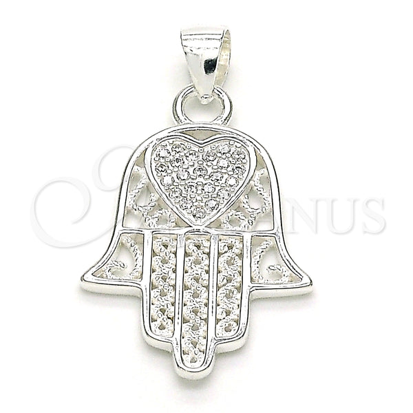 Dije Religioso 05.398.0022 Plata Rodinada, Diseño de Mano de Dios y Corazón, con Micro Pave Blanca, Pulido, Crudo
