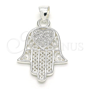 Dije Religioso 05.398.0022 Plata Rodinada, Diseño de Mano de Dios y Corazón, con Micro Pave Blanca, Pulido, Crudo