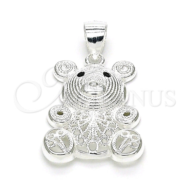 Dije Elegante 05.398.0025 Plata Rodinada, Diseño de Osito, con Micro Pave Negro, Pulido, Crudo