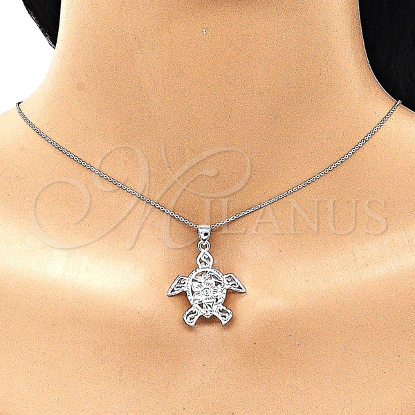 Dije Elegante 05.398.0032 Plata Rodinada, Diseño de Tortuga y Flor, Pulido, Crudo