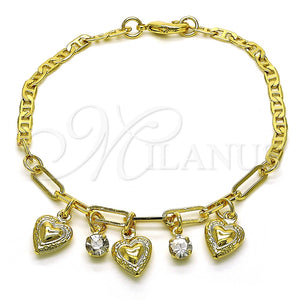 Pulsera de Dije 03.63.2230.08 Oro Laminado, Diseño de Corazón y Paperclip, con Blanca Cristal, Pulido, Tono Dorado (03 MM Thickness, 8 Inches Length)