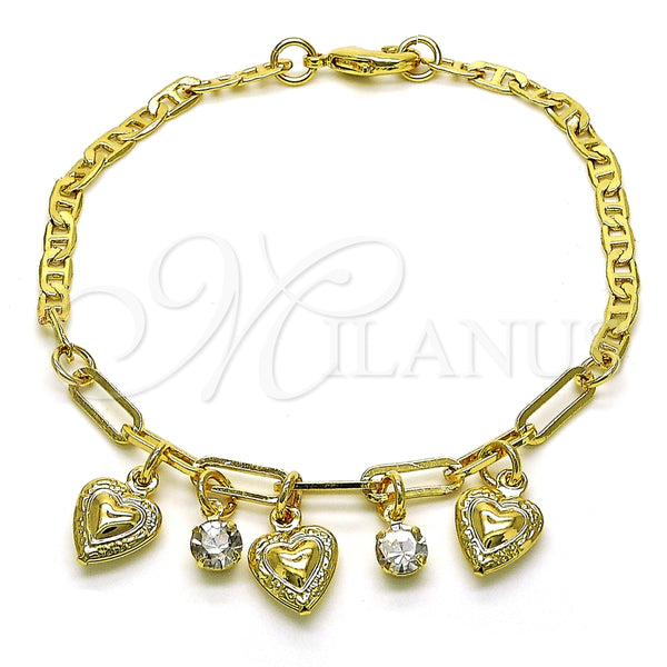 Pulsera de Dije 03.63.2230.08 Oro Laminado, Diseño de Corazón y Paperclip, con Blanca Cristal, Pulido, Tono Dorado (03 MM Thickness, 8 Inches Length)