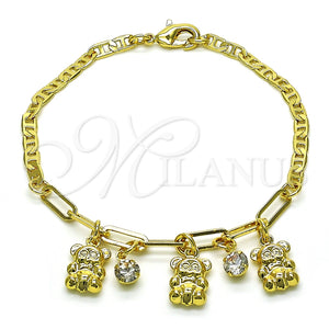 Pulsera de Dije 03.63.2231.08 Oro Laminado, Diseño de Osito y Paperclip, con Blanca Cristal, Pulido, Tono Dorado (03 MM Thickness, 8 Inches Length)