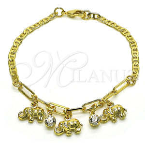Pulsera de Dije 03.63.2232.08 Oro Laminado, Diseño de Elefante y Paperclip, con Blanca Cristal, Pulido, Tono Dorado (03 MM Thickness, 8 Inches Length)