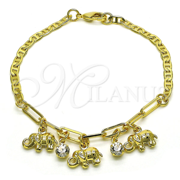 Pulsera de Dije 03.63.2232.08 Oro Laminado, Diseño de Elefante y Paperclip, con Blanca Cristal, Pulido, Tono Dorado (03 MM Thickness, 8 Inches Length)