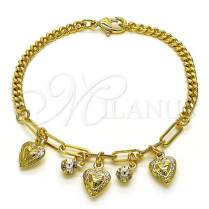 Pulsera de Dije 03.63.2233.07 Oro Laminado, Diseño de Corazón y Paperclip, con Blanca Cristal, Pulido, Tono Dorado (04 MM Thickness, 7 Inches Length)