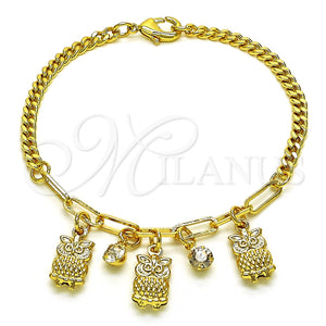 Pulsera de Dije 03.63.2235.08 Oro Laminado, Diseño de Búho y Paperclip, con Blanca Cristal, Pulido, Tono Dorado (04 MM Thickness, 8 Inches Length)