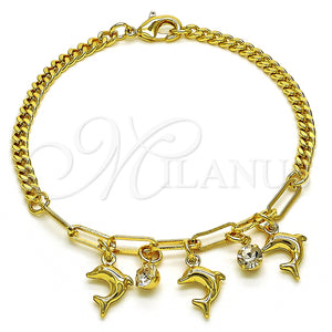 Pulsera de Dije 03.63.2236.08 Oro Laminado, Diseño de Delfín y Paperclip, con Blanca Cristal, Pulido, Tono Dorado (04 MM Thickness, 8 Inches Length)